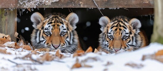 Two cute young Amur tigers concealing themselves in shelter