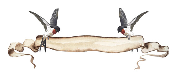 Swallows with banner. Watercolor birds with label with copy space. Beautiful vintage cover.
