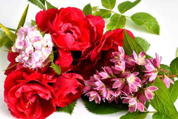 Bouquet of flowers, roses and deutzia.