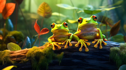 Frog sitting on a branch in the rainforest. Wildlife scene from nature. 3D rendering