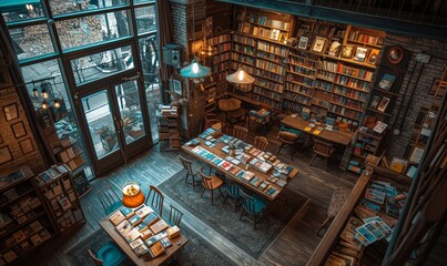 Cozy Antique Bookstore Interior with Stacks of Books