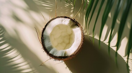 A halved coconut basks in the soft sunlight, shadowed by palm fronds, symbolizing tropical freshness and natural nourishment.