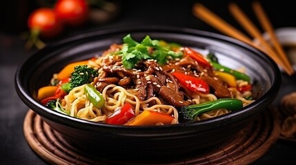 Stir noodles with vegetables and spices in the bowl.