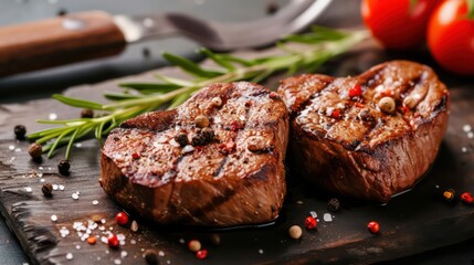 Two heart shaped grilled marble beef steaks with spices on a stone background