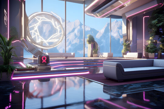 Futuristic Resort Lobby with Holographic Reception
