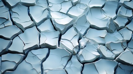 A macro shot of cracked earth, showcasing a network of jagged lines and fragmented patterns in cool blue tones, conveying a sense of aridness and desolation.