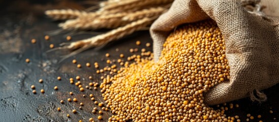 Canvas bag filled with mustard seeds and grain ears. - obrazy, fototapety, plakaty