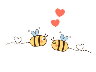 Couple bee in love and red hearts isolated on white background vector illustration.