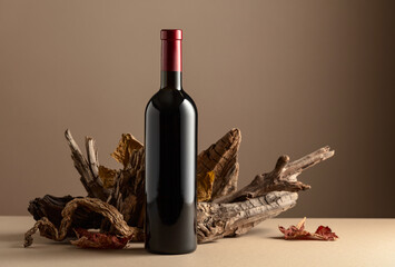 Red wine and old snag on a beige background.