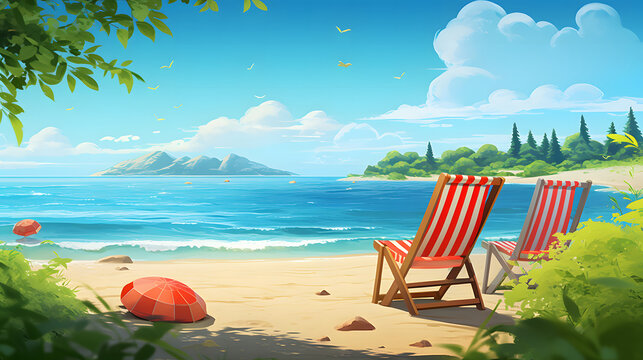 Summer background illustration featuring a painting of a tropical beach with beach chairs, palm trees, and flowers. A wide expanse of turquoise water and a blue sky adorned with wispy white clouds