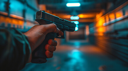 Close up of man holding a pistol in an indoor