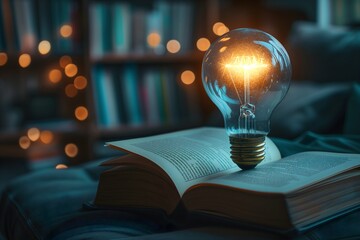 Shine a light on education with a glowing bulb and futuristic book icon. Showcase self-learning, knowledge growth, and business study in this impactful online class or e-learning concept.