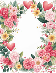 A floral frame with pink and yellow flowers, red hearts, and green leaves on a white background.
