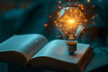 Illuminate your learning journey with a glowing light bulb and futuristic book icon. Express self-learning, knowledge pursuit, and business study in this engaging online class or e-learning.
