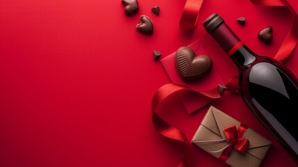 Valentine's day decor, bottle of wine and chocolates, on a red background. Generative AI