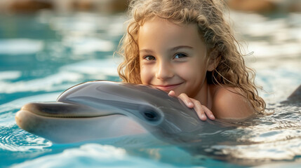child swimming with dolphin in swimming pool , child has therapy with dolphins. Dolphin Assisted Therapy. 