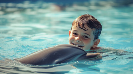 child swimming with dolphin in swimming pool , child has therapy with dolphins. Dolphin Assisted Therapy. 