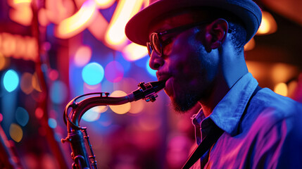 Mature stylish Man musician in Club, man playing the musicians instrument in lively Jazz bar .