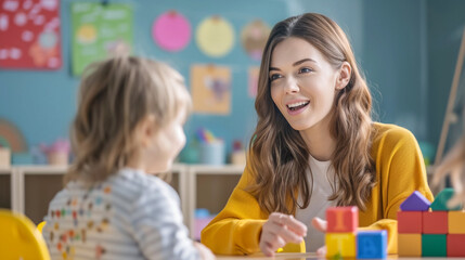 Young European woman teacher speech therapist in class talking with child, explain the letters. Therapist learning practice pronunciation exercises with child - obrazy, fototapety, plakaty