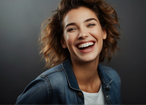 Close up of young woman laughing and Cheerful looking at camera on black background from Generative AI