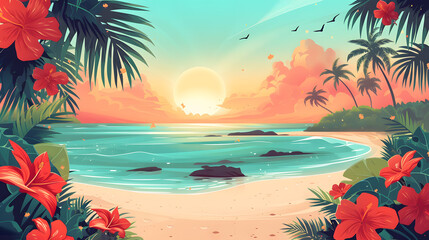 Fototapeta na wymiar Summer background illustration featuring a painting of a tropical beach with palm trees and flowers. A wide expanse of turquoise water and a clear blue sky adorned with a few wispy white clouds.