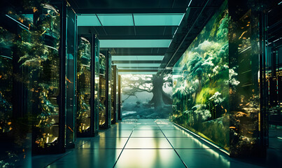 futuristic server room of a big data center with trees and blue neon lights green concepts. Concept...