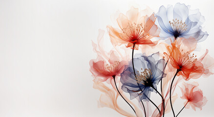 Red blue floral border with  transparent x-ray flowers at white background with copy space - obrazy, fototapety, plakaty