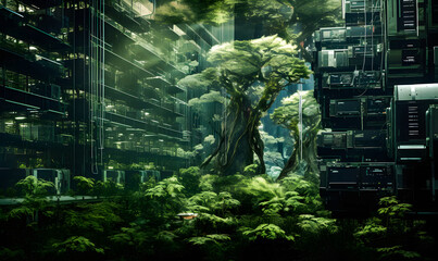 futuristic server room of a big data center with trees and blue neon lights green concepts. Concept of artificial intelligence.