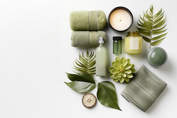 Eco friendly green wellness and body care flat lay setting with skin care products, towels and green leaves on white background, top view with copy space