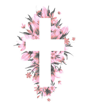 Watercolor Easter cross clipart. Floral crosses illustration	