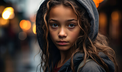 Intense portrait of a young girl with expressive eyes in a dimly lit atmospheric urban setting