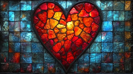 Stained glass window background with colorful heart abstract.