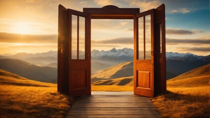 Open door in the mountains at sunset. 3D Rendering