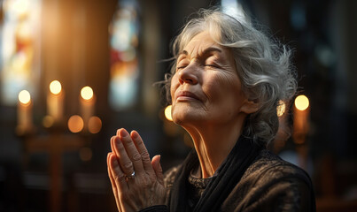 Devout elderly woman praying with closed eyes and clasped hands in a church, a serene expression of faith