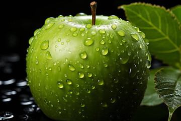 Realistic graphics illustrations with apples background. Red and green apples mix. Apple stay on stolen 3d digital photo.  Realistic apple with leaf. Rain and dew drops on apple set.