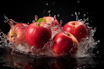 Realistic graphics illustrations with apples background. Red and green apples mix. Apple stay on stolen 3d digital photo.  Realistic apple with leaf. Rain and dew drops on apple set.