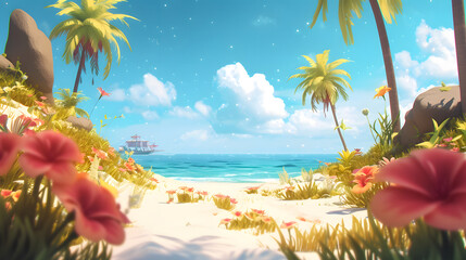 Summer background illustration featuring a painting of a tropical beach with palm trees and flowers. A wide expanse of turquoise water and a clear blue sky adorned with a few wispy white clouds.