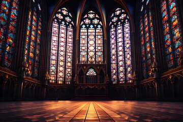 Fototapeta na wymiar Gothic cathedral with stained glass windows background