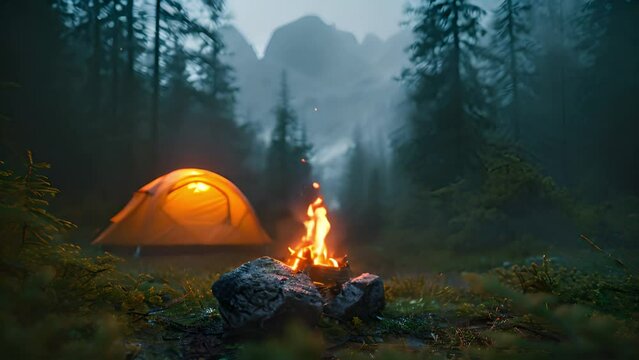 People Camping at Night in the Canyon, Preparing to Sleep in the Tent. Campfire barely Burning, Truck nearby. Amazing Natural Landscape View with Marvelous Bright Milky Way Stars Shining on Mountains 