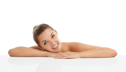 Skincare, mockup and portrait of happy woman in studio for wellness cosmetics on white background. Space, face and female model with natural beauty, treatment or dermatology, shine and glowing skin