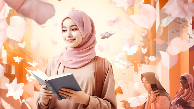 Hijab muslim woman reading book in creativity room with flying paper. education concept. 3D illustration