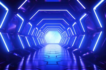 Abstract futuristic technology with neon hexagon tunnel and ultraviolet light.