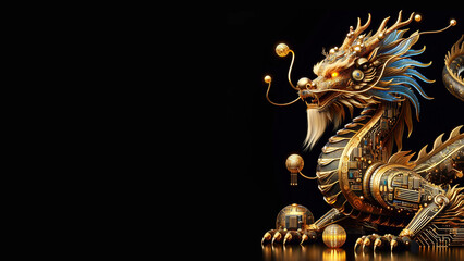 Golden Chinese dragon made from circuit boards, Chinese New Year in technology theme