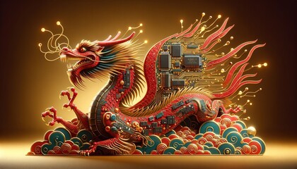 Fototapeta premium Red Chinese dragon made from golden circuit boards, Chinese New Year in technology theme.