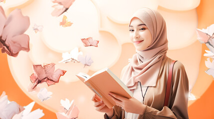 Hijab muslim woman reading book in the street with flying paper. education concept. 3D illustration