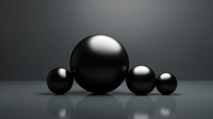 3D black spheres of different sizes and transparency. Dark colour palette. Abstract background. Generative AI