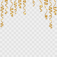 Realistic gold spiral serpentine isolated on png background. Vector luxury serpentine pieces. Set of curly ribbons, festive decor elements for party, birthday, holiday, greeting cards