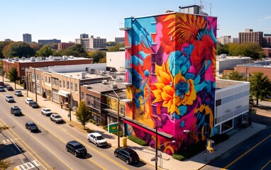 Naklejka premium Vibrant street art on city building facade