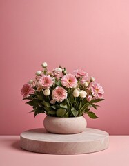 Flowers in a vase on a stone podium on a pink background