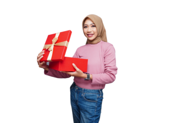 Hijab muslim woman with gift box isolated transparent